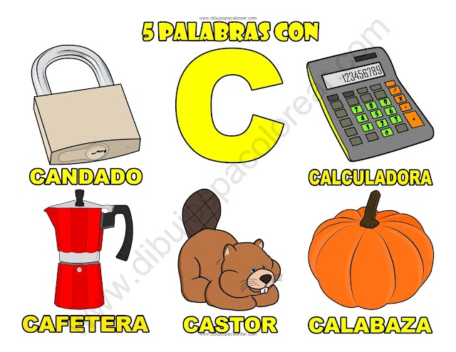 Cinco Palabras con la letra C dibujo a color y para colorear